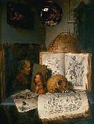 Vanitas still life with skull, books, prints and paintings simon luttichuys